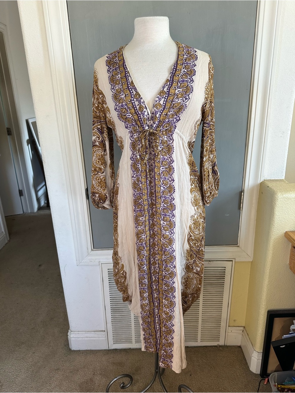 Free People Bohemian Cream & Gold Midi Dress with Purple Trim